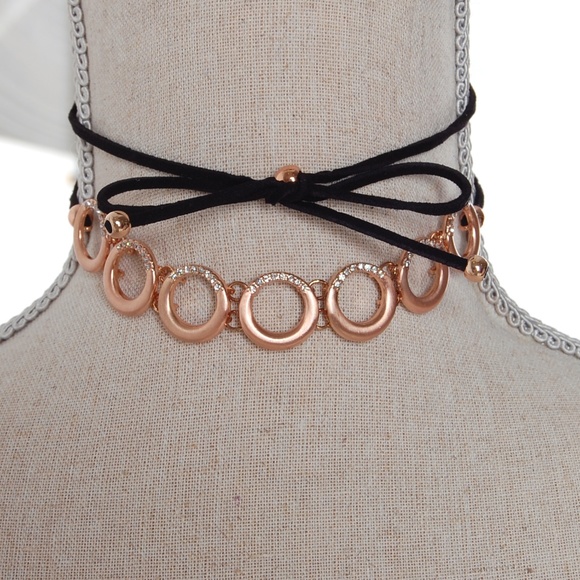Rose Gold Layered Wrap Choker Necklace Pavé Circle - Picture 2 of 6